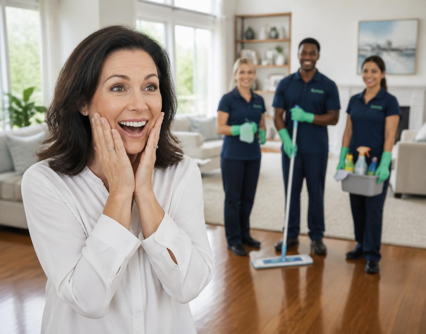 Woman amazed at her spotless home with the cleaning crew behind her